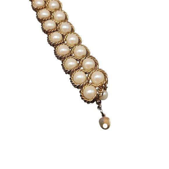 Vtg Vermeil Imitation Pearl Double Woven Row Bracelet Gold on Sterling Silver - Picture 10 of 14